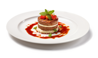 Grilled steak with sauce and vegetables on a plate isolated on a transparent background. png