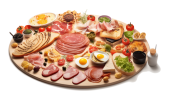 Breakfast table with ham, salami, cheese, eggs and vegetables, isolated on transparent background. png