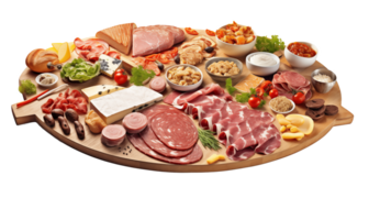Meat platter with different meat products including ham, salami, bacon, cheese, mushrooms and vegetables isolated on transparent background. png