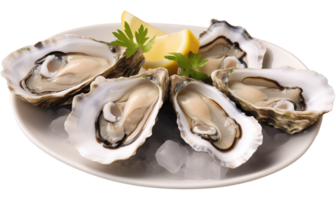 Fresh oysters with lemon and parsley on plate isolated on transparent background. png