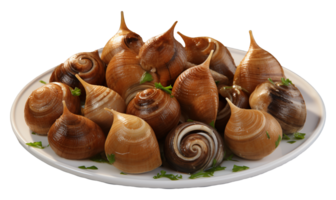 Snails with parsley on a plate isolated on a transparent background. png