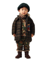 A portrait of a cute little boy wearing a hat and coat isolated on transparent background png