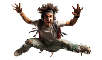 Young man with backpack jumping and screaming isolated on transparent background png