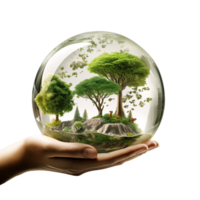Close up of human hands holding glass globe with green forest in it isolated on transparent background png