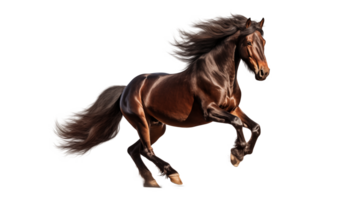 Bay stallion with long mane running isolated on transparent background png