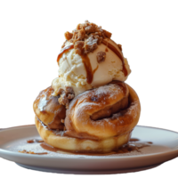 Buns with ice cream and caramel sauce isolated on transparent background png
