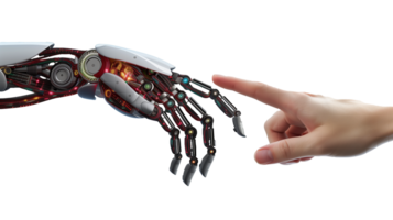 Close up of human hand pointing at robot arm. 3D rendering isolated on transparent background png