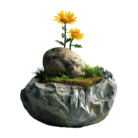 3D rendering of a sunflower on a rock isolated on transparent background png