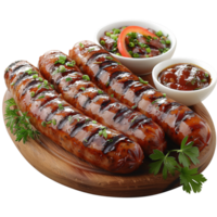 Grilled sausages with sauce on wooden board isolated on transparent background png