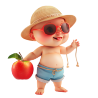 Cute little baby boy in summer hat and sunglasses with red apple isolated on transparent background png