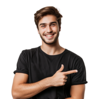 Portrait of a smiling young man pointing at something isolated on transparent background. png