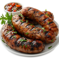 Grilled sausages with herbs and sauce isolated on transparent background png