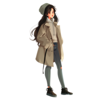 Beautiful young woman in trench coat and beret, isolated on transparent background png