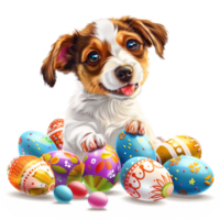 Puppy and easter eggs isolated on transparent background png
