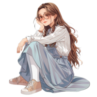 Young beautiful woman in glasses sitting on the floor isolated on transparent background png