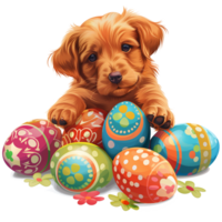 Illustration of a puppy and easter eggs isolated on transparent background png