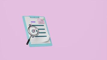 3d Id card with checklist paper, magnifying glass, clipboard isolated on pink background. recruitment staff, human resources, job search, job application concept, 3d render illustration video