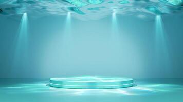 Underwater ocean with podium empty, reflect spotlight on surface. reflecting sparkling light on background. cosmetic display product stage concept, 3d illustration render video