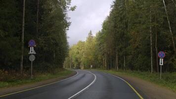 A peaceful autumn drive through a winding forest road, surrounded by vibrant fall foliage and tall pine trees. The wet asphalt reflects the overcast sky, creating a calm, tranquil atmosphere video