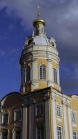A detailed architectural photograph of a baroque-style church dome with a golden cross in Saint Petersburg. The soft afternoon light highlights the intricate design, while a bird is captured flying video