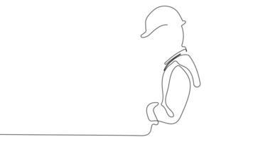 Animated drawing of continuous line draw architect meeting at construction site to talk blueprint design to team member. Building architecture concept. Single line animation. High quality 4k footage video