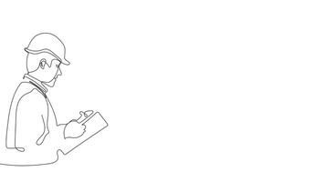 Animated drawing of continuous line draw architect meeting at construction site to talk blueprint design to team member. Building architecture concept. Single line animation. High quality 4k footage video