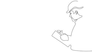 Animated drawing of continuous line draw architect meeting at construction site to talk blueprint design to team member. Building architecture concept. Single line animation. High quality 4k footage video