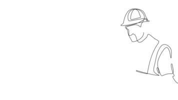Animated drawing of continuous line draw architect meeting at construction site to talk blueprint design to team member. Building architecture concept. Single line animation. High quality 4k footage video