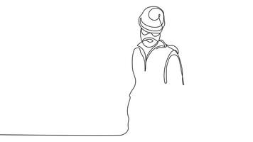 Animated drawing of continuous line draw architect meeting at construction site to talk blueprint design to team member. Building architecture concept. Single line animation. High quality 4k footage video