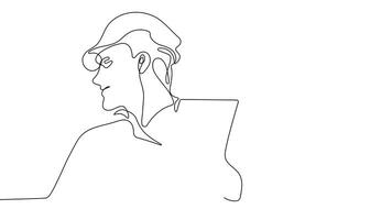 Animated drawing of continuous line draw architect meeting at construction site to talk blueprint design to team member. Building architecture concept. Single line animation. High quality 4k footage video