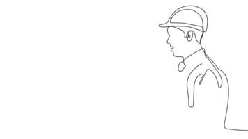 Animated drawing of continuous line draw architect meeting at construction site to talk blueprint design to team member. Building architecture concept. Single line animation. High quality 4k footage video