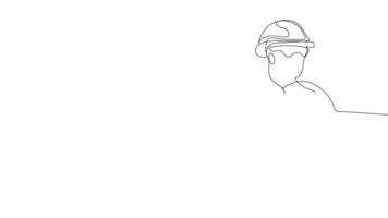 Animated drawing of continuous line draw architect meeting at construction site to talk blueprint design to team member. Building architecture concept. Single line animation. High quality 4k footage video