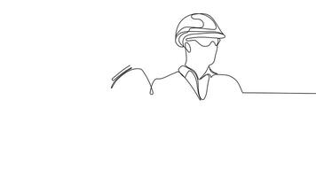 Animated drawing of continuous line draw architect meeting at construction site to talk blueprint design to team member. Building architecture concept. Single line animation. High quality 4k footage video