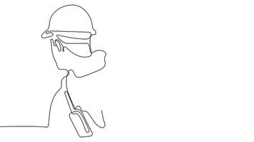 Animated drawing of continuous line draw architect meeting at construction site to talk blueprint design to team member. Building architecture concept. Single line animation. High quality 4k footage video
