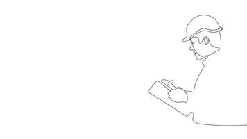 Animated drawing of continuous line draw architect meeting at construction site to talk blueprint design to team member. Building architecture concept. Single line animation. High quality 4k footage video