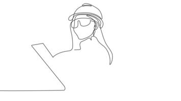 Animated drawing of continuous line draw architect meeting at construction site to talk blueprint design to team member. Building architecture concept. Single line animation. High quality 4k footage video