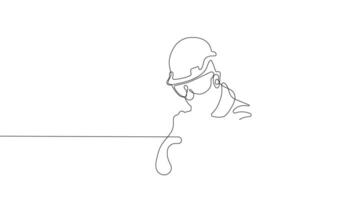 Animated drawing of continuous line draw architect meeting at construction site to talk blueprint design to team member. Building architecture concept. Single line animation. High quality 4k footage video