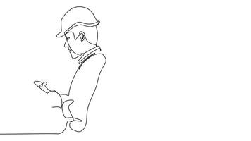 Animated drawing of continuous line draw architect meeting at construction site to talk blueprint design to team member. Building architecture concept. Single line animation. High quality 4k footage video