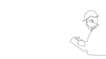 Animated drawing of continuous line draw architect meeting at construction site to talk blueprint design to team member. Building architecture concept. Single line animation. High quality 4k footage video