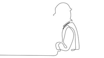 Animated drawing of continuous line draw architect meeting at construction site to talk blueprint design to team member. Building architecture concept. Single line animation. High quality 4k footage video