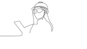 Animated drawing of continuous line draw architect meeting at construction site to talk blueprint design to team member. Building architecture concept. Single line animation. High quality 4k footage video