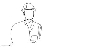 Animated drawing of continuous line draw architect meeting at construction site to talk blueprint design to team member. Building architecture concept. Single line animation. High quality 4k footage video