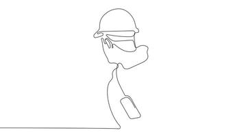 Animated drawing of continuous line draw architect meeting at construction site to talk blueprint design to team member. Building architecture concept. Single line animation. High quality 4k footage video