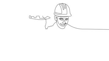 Animated drawing of continuous line draw architect meeting at construction site to talk blueprint design to team member. Building architecture concept. Single line animation. High quality 4k footage video