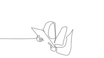 Animated drawing of continuous line draw architect meeting at construction site to talk blueprint design to team member. Building architecture concept. Single line animation. High quality 4k footage video
