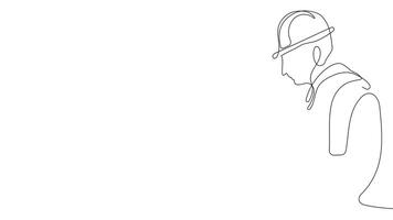 Animated drawing of continuous line draw architect meeting at construction site to talk blueprint design to team member. Building architecture concept. Single line animation. High quality 4k footage video