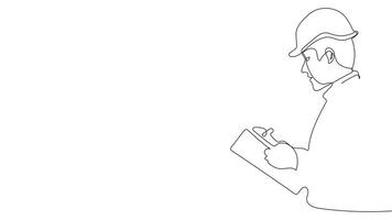 Animated drawing of continuous line draw architect meeting at construction site to talk blueprint design to team member. Building architecture concept. Single line animation. High quality 4k footage video
