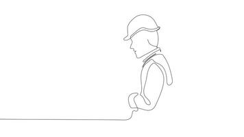 Animated drawing of continuous line draw architect meeting at construction site to talk blueprint design to team member. Building architecture concept. Single line animation. High quality 4k footage video