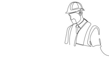 Animated drawing of continuous line draw architect meeting at construction site to talk blueprint design to team member. Building architecture concept. Single line animation. High quality 4k footage video