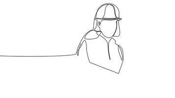 Animated drawing of continuous line draw architect meeting at construction site to talk blueprint design to team member. Building architecture concept. Single line animation. High quality 4k footage video